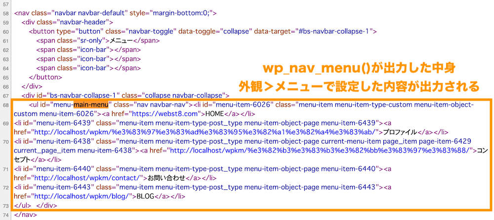 nav部分のソースコード。wp_nav_menuがul以下のメニュー項目を出力している