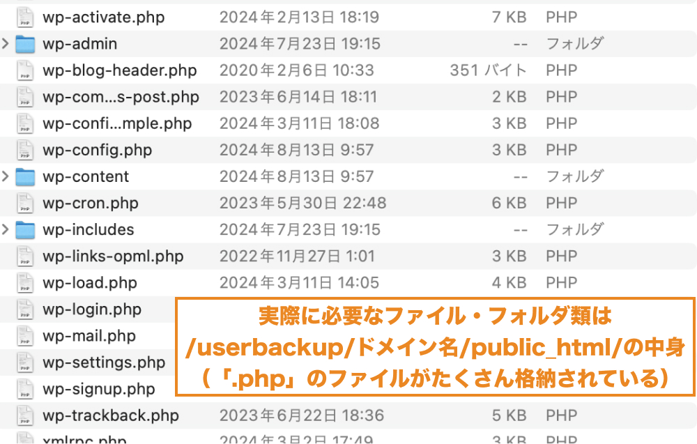 実際に必要なファイル・フォルダ類は /userbackup/ドメイン名/public_html/の中身 （「.php」のファイルがたくさん格納されている）