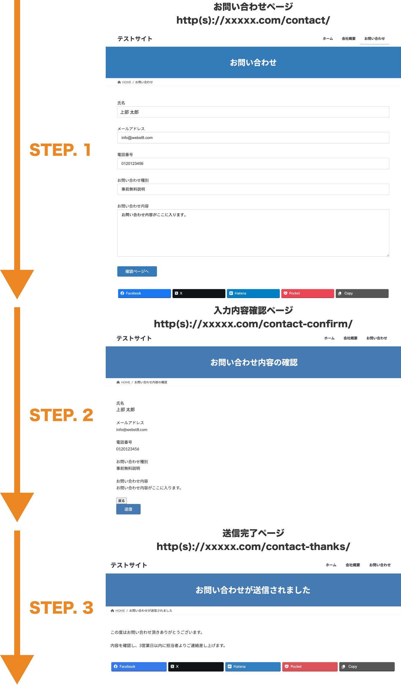 Contact Form 7 Multi-Step Formsを使って作成した確認画面・送信完了画面つきお問い合わせフォームの例