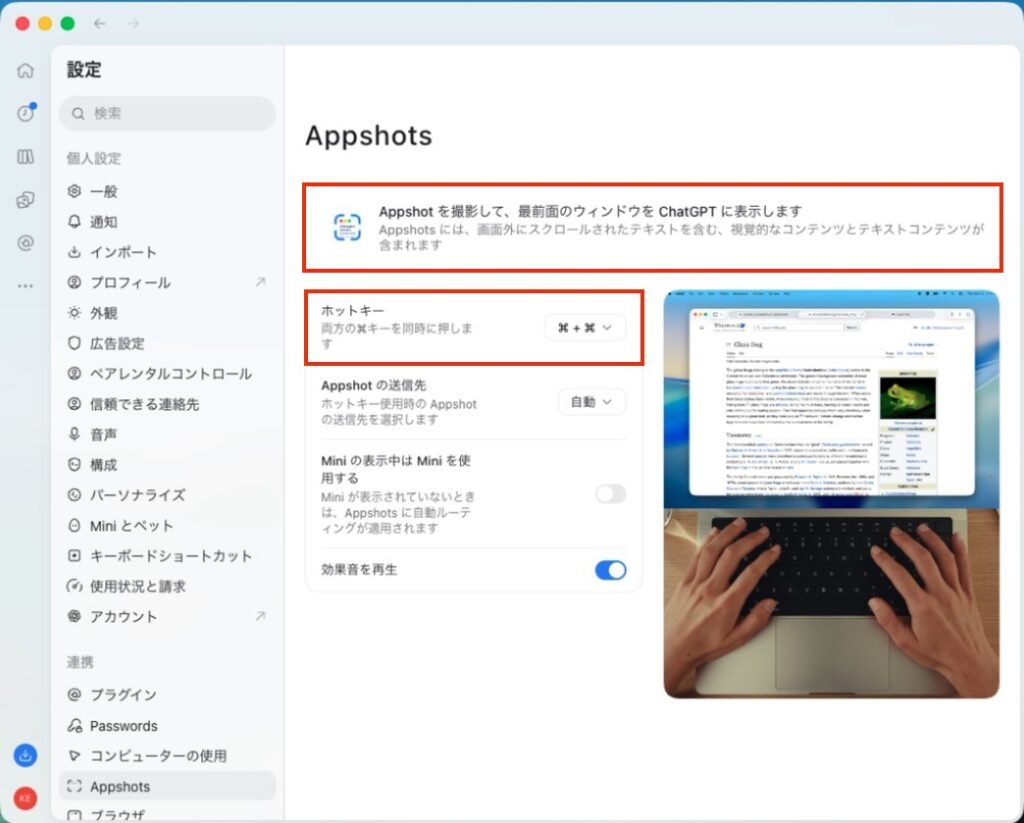 デスクトップアプリ版のAppshots設定画面
