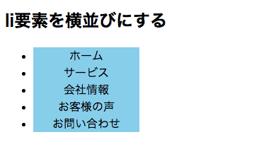 li要素に何もしない(ブロックレベル)状態。縦に並んでいる