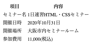 tableタグで作った表の表示サンプル