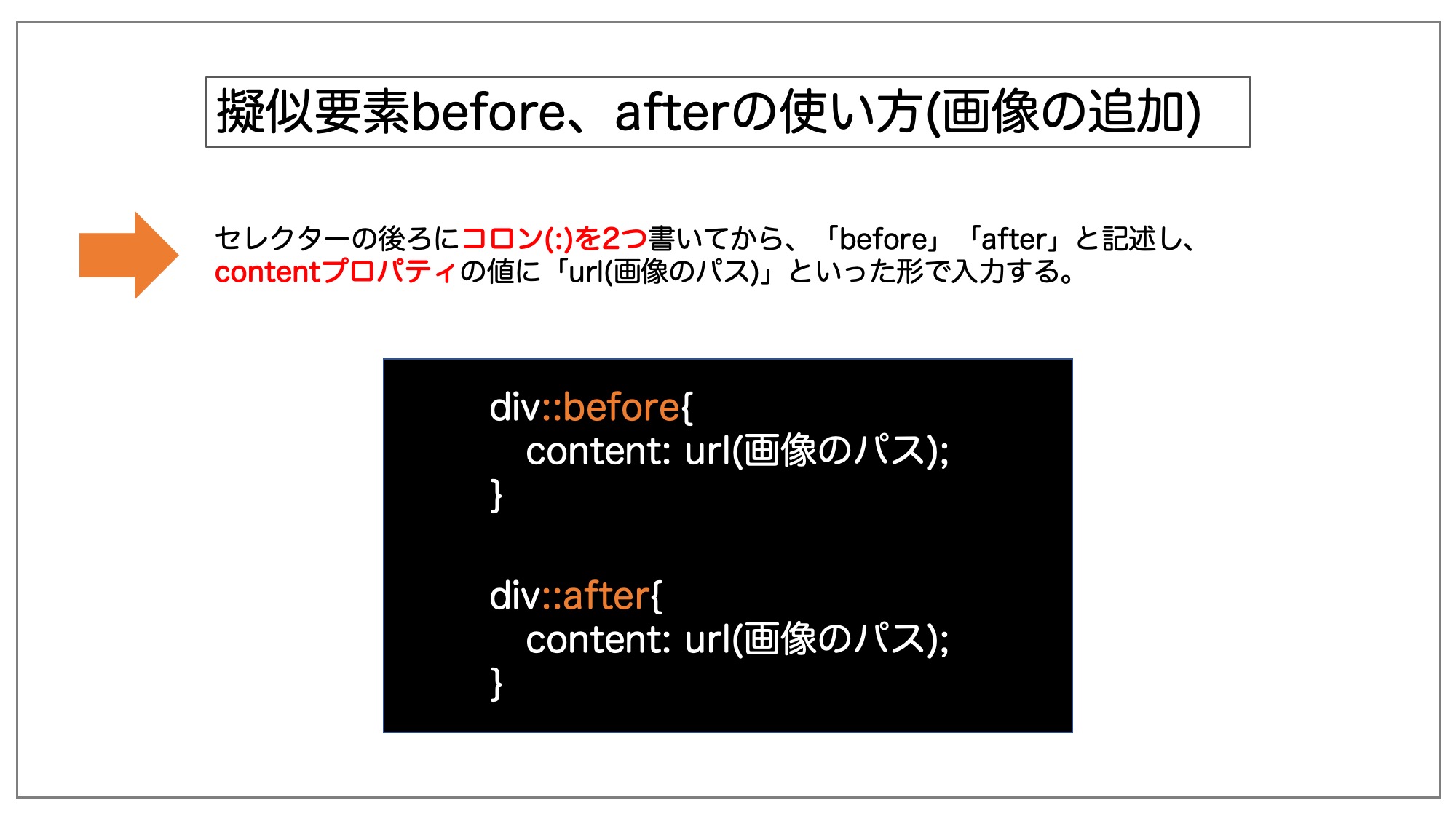 擬似要素before、afterの使い方(画像の追加)を説明している図。