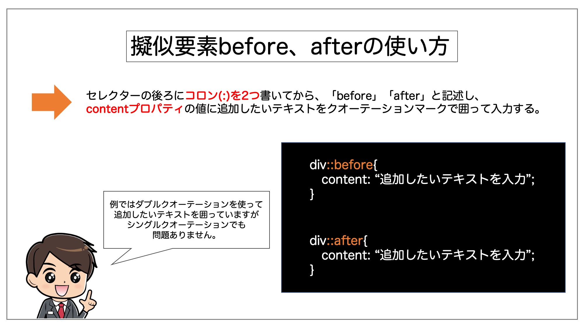 擬似要素before、afterの使い方を説明している図。