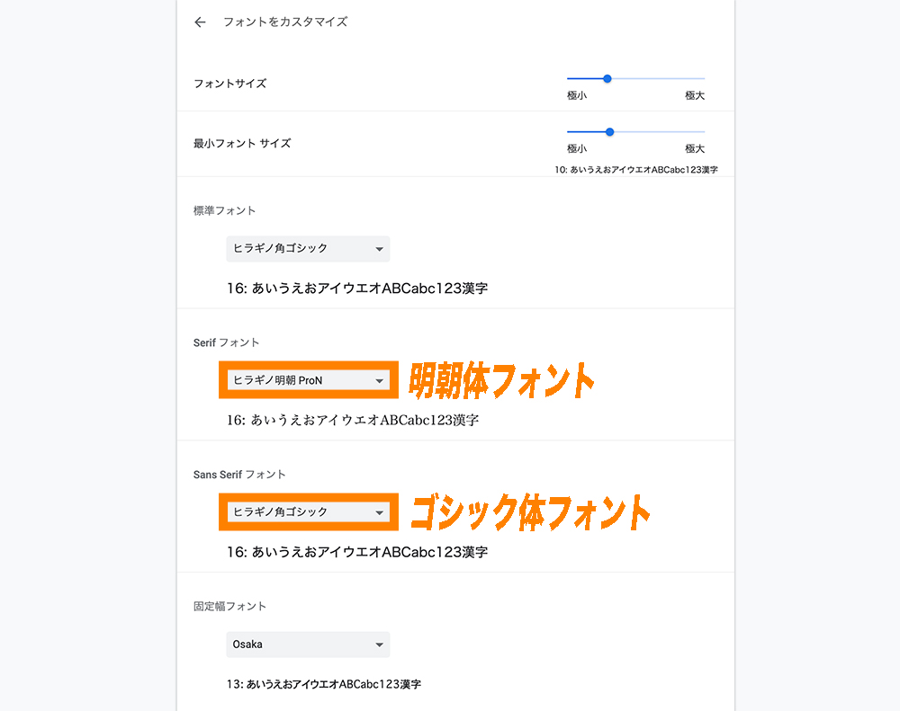 Google Chromeのデフォルトフォント