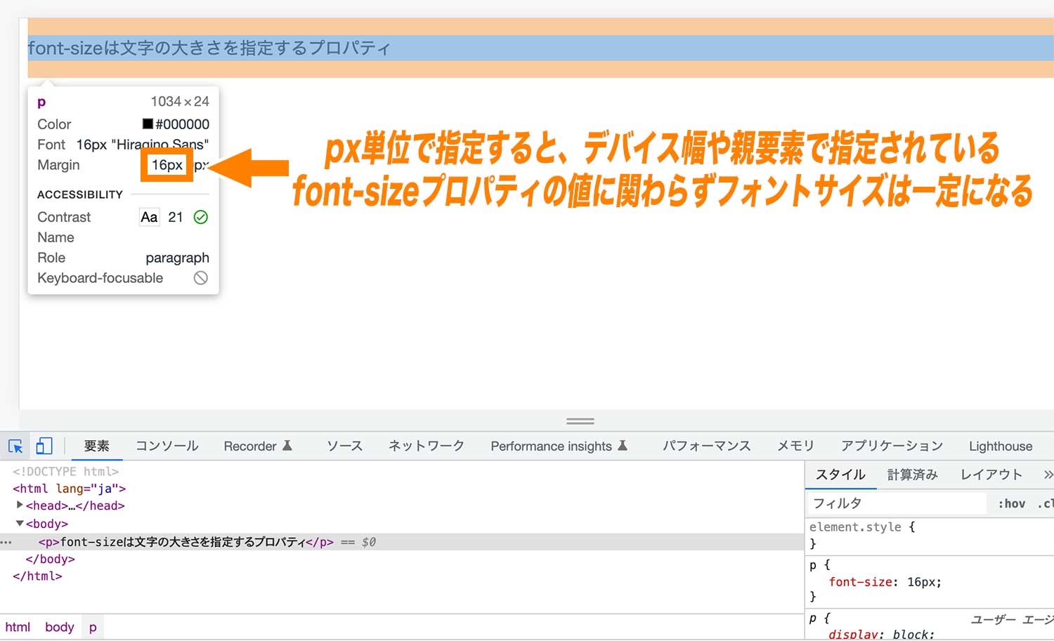 font-sizeの値をpxを使って指定してる例