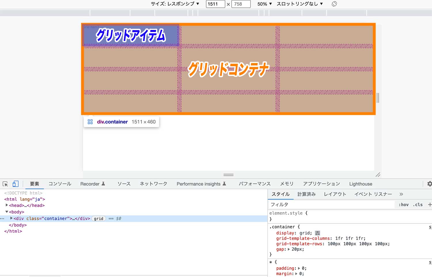 グリッドコンテナとグリッドアイテムについての説明図