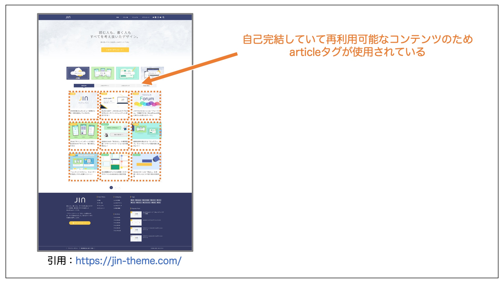 articleタグの使用例（WordPressテーマ「JIN」公式サイト）